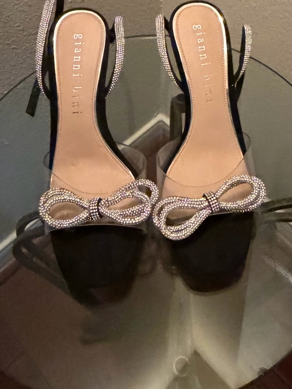 Gianni Bini Rhinestone Bow Heels Clear Strap Ankle Wrap Sandals Size 9.5
